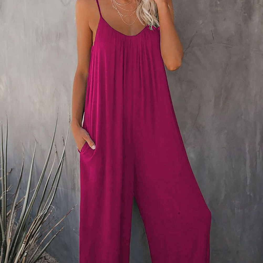 Boho Spaghetti Ruched Sleeveless Wide Leg Jumpsuit