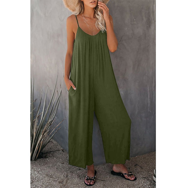 Boho Spaghetti Ruched Sleeveless Wide Leg Jumpsuit
