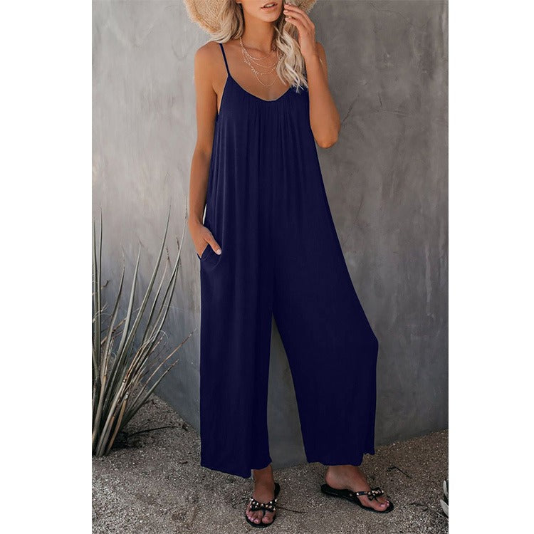 Boho Spaghetti Ruched Sleeveless Wide Leg Jumpsuit