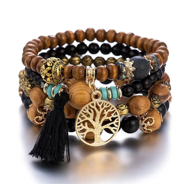 Boho Wooden Beaded Bracelet Set with Tree of Life Charm