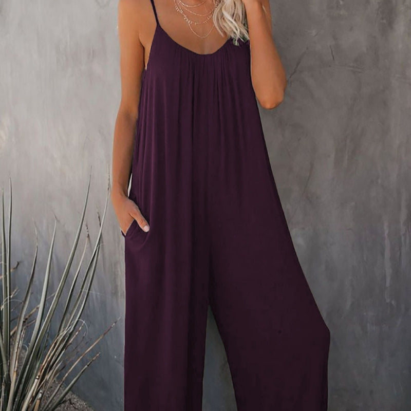 Boho Spaghetti Ruched Sleeveless Wide Leg Jumpsuit