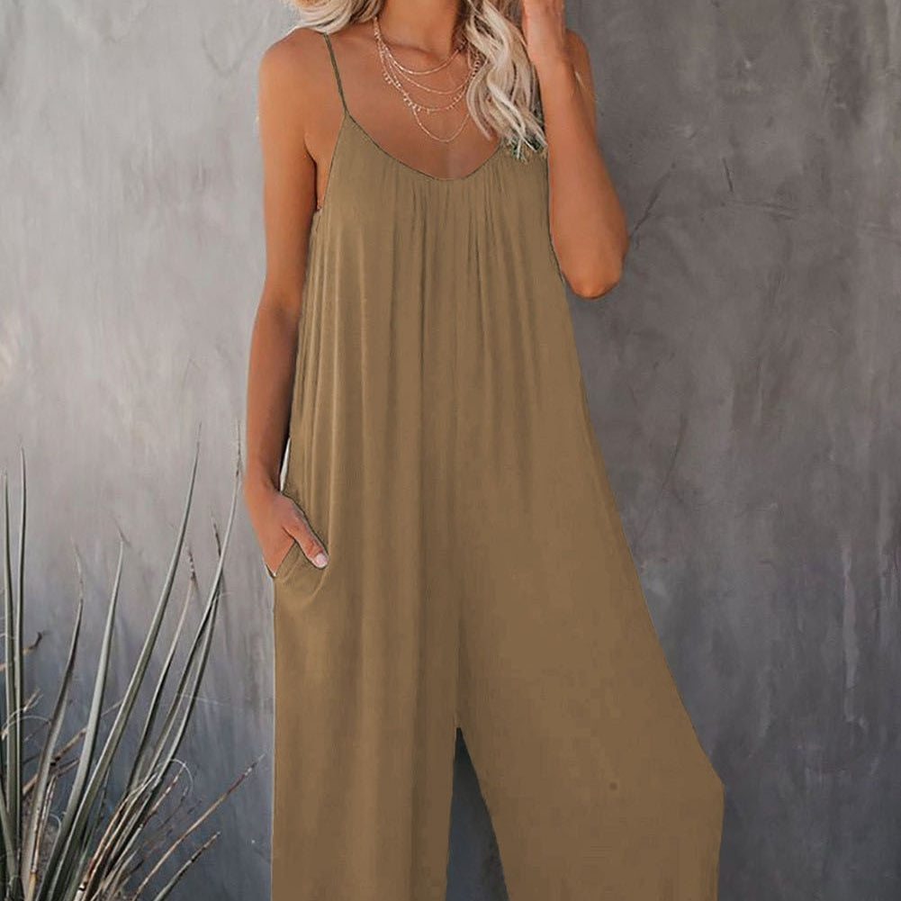 Boho Spaghetti Ruched Sleeveless Wide Leg Jumpsuit