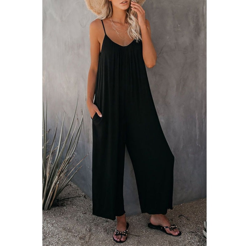 Boho Spaghetti Ruched Sleeveless Wide Leg Jumpsuit