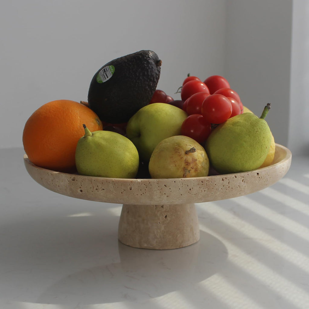Nawgnail Natural Travertine Fruit Bowl for Kitchen Counter 10.2" Large Decorative Bowl Pedestal for Home Decor Fruits Holder For Dining Table - Kitchen Organization
