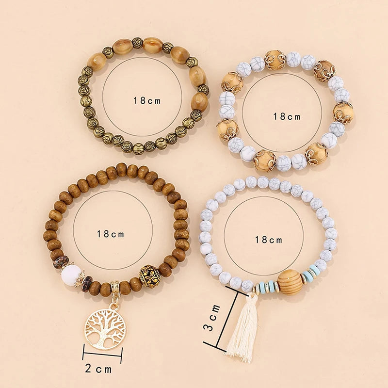Boho Wooden Beaded Bracelet Set with Tree of Life Charm