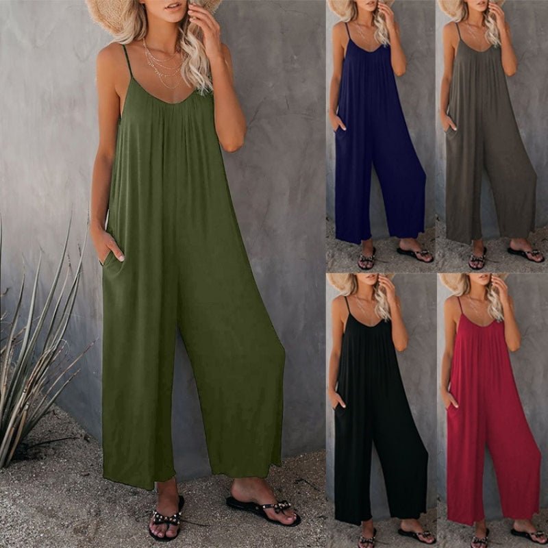 Boho Spaghetti Ruched Sleeveless Wide Leg Jumpsuit