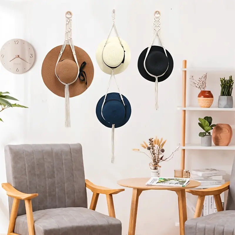 Boho Hat Organizer with Tassels for Home Decor